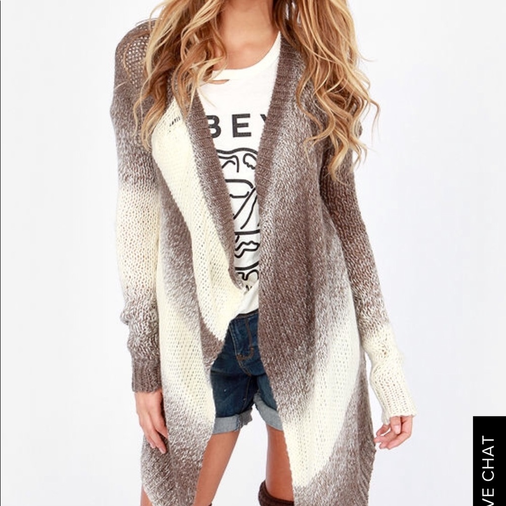 Love Stitch striped, knit, Cardigan Sweater, tan/cream, size small